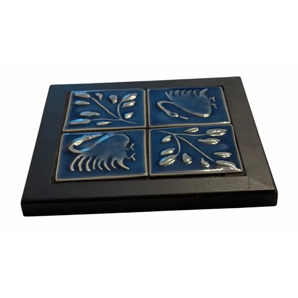 Vintage SWAN Wood Ceramic Tile TRIVET Wall Art Decor Blue 3710/67